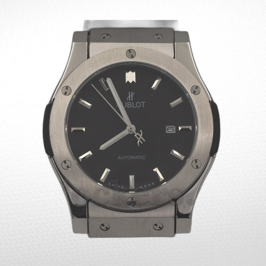 HUBLOT CLASSIC FUSION KING WATCH - 42 MM - BLACK DIAL - SS BLACK RUBBER AND LEATHER STRAP