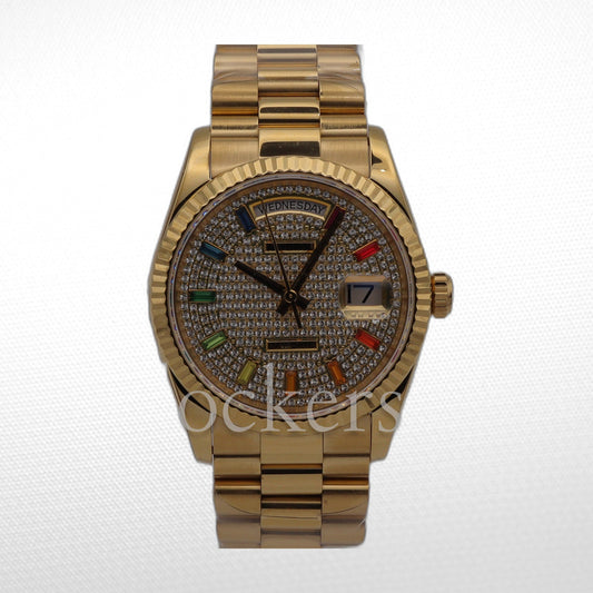 GOLD DAY DATE 36MM WATCH FLUTED BEZEL DIAMOND PAVED RAINBOW SAPPHIRE DIAL