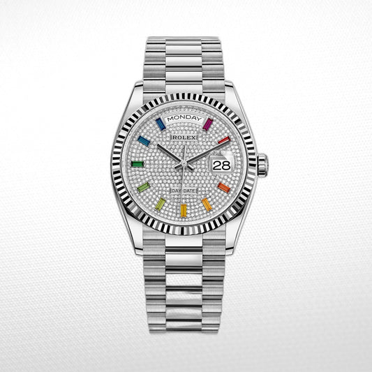 Day Date 40MM Watch Fluted Bezel Diamond Paved Rainbow Sapphire Dial