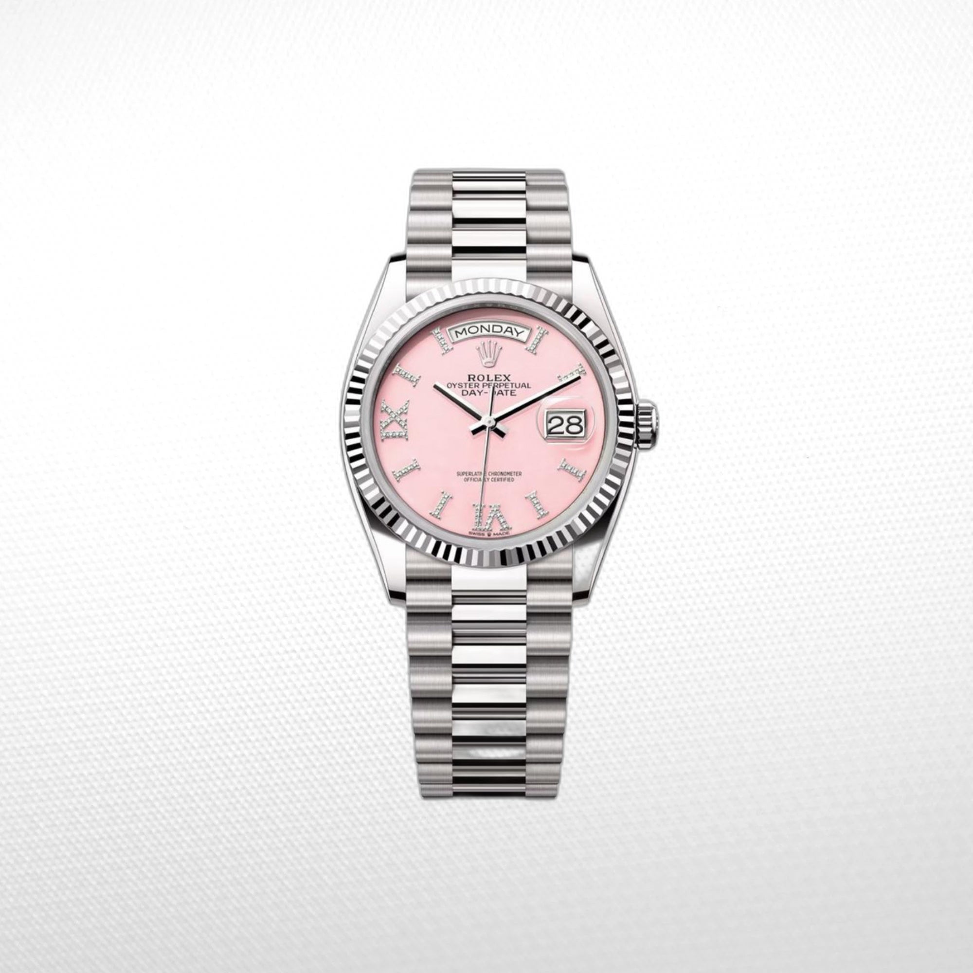Rolex Day-Date 36 36mm Day Date 12834 White Gold with Diamond Bezel Pink Opal Dial