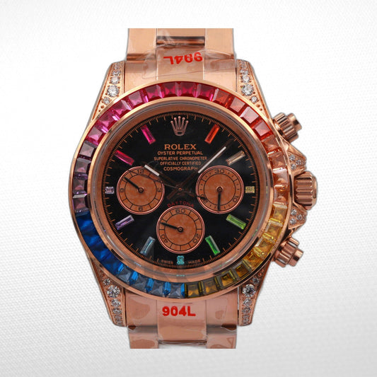 DAYT0NA COSM0GRAPH BLACK DIAL ROSE GOLD RAINBOW 40MM