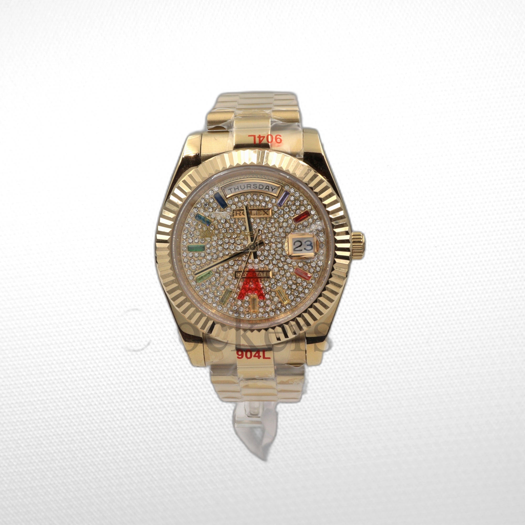Gold Day Date 40mm Watch Fluted Bezel Diamond Paved Rainbow Sapphire Dial