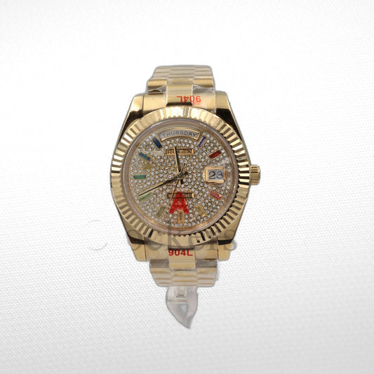Gold Day Date 40mm Watch Fluted Bezel Diamond Paved Rainbow Sapphire Dial