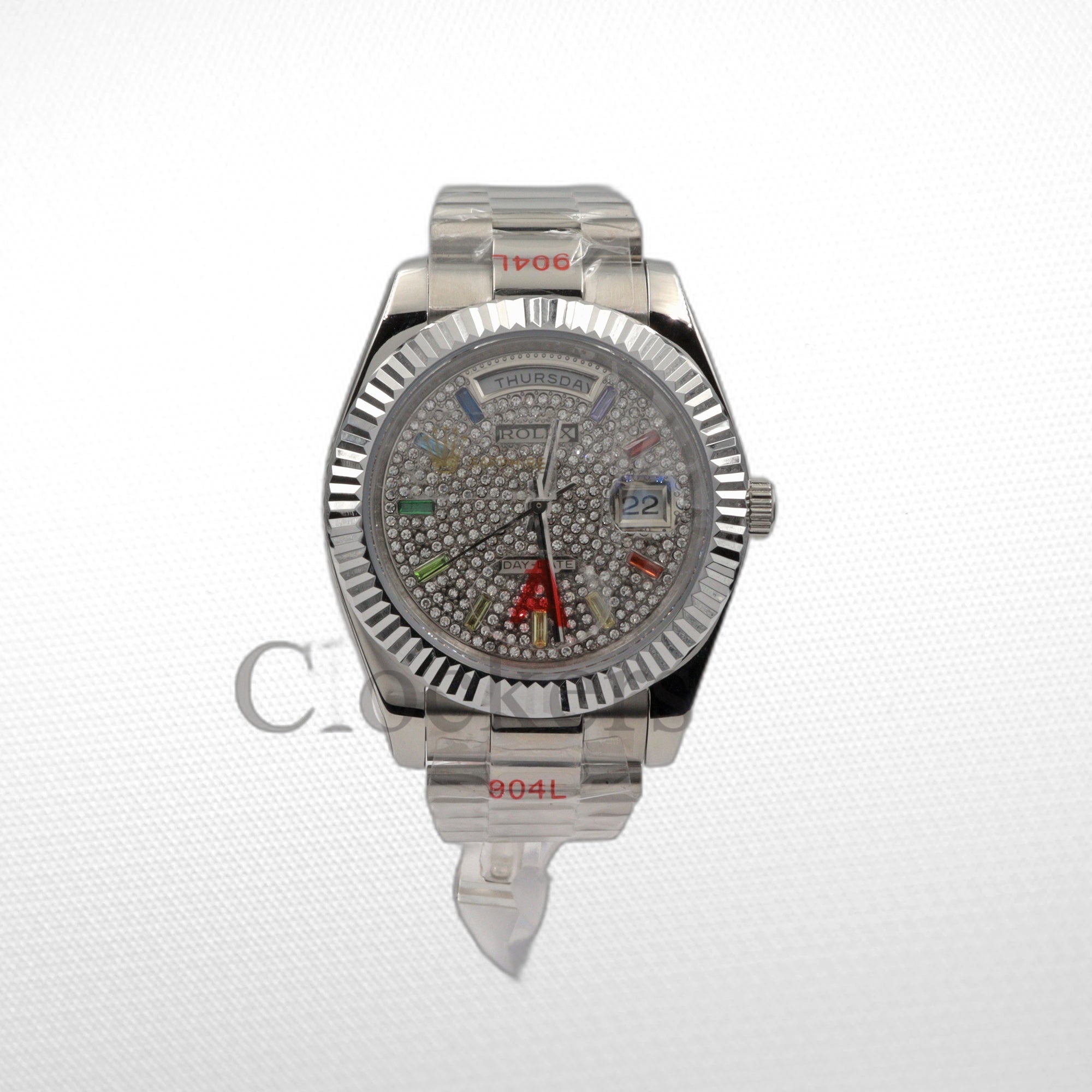 Day Date 40MM Watch Fluted Bezel Diamond Paved Rainbow Sapphire Dial