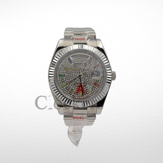 Day Date 40MM Watch Fluted Bezel Diamond Paved Rainbow Sapphire Dial