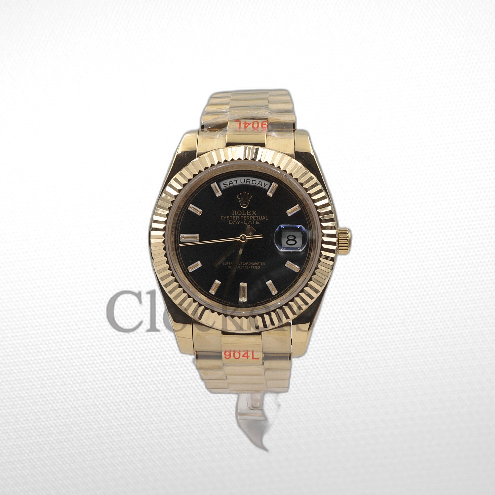 DAY-DATE BLACK DIAL DIAMOND MARKERS FLUTED BEZEL GOLD