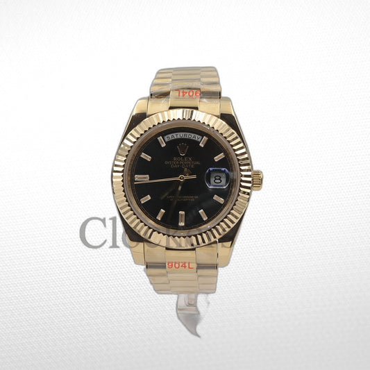 DAY-DATE BLACK DIAL DIAMOND MARKERS FLUTED BEZEL GOLD