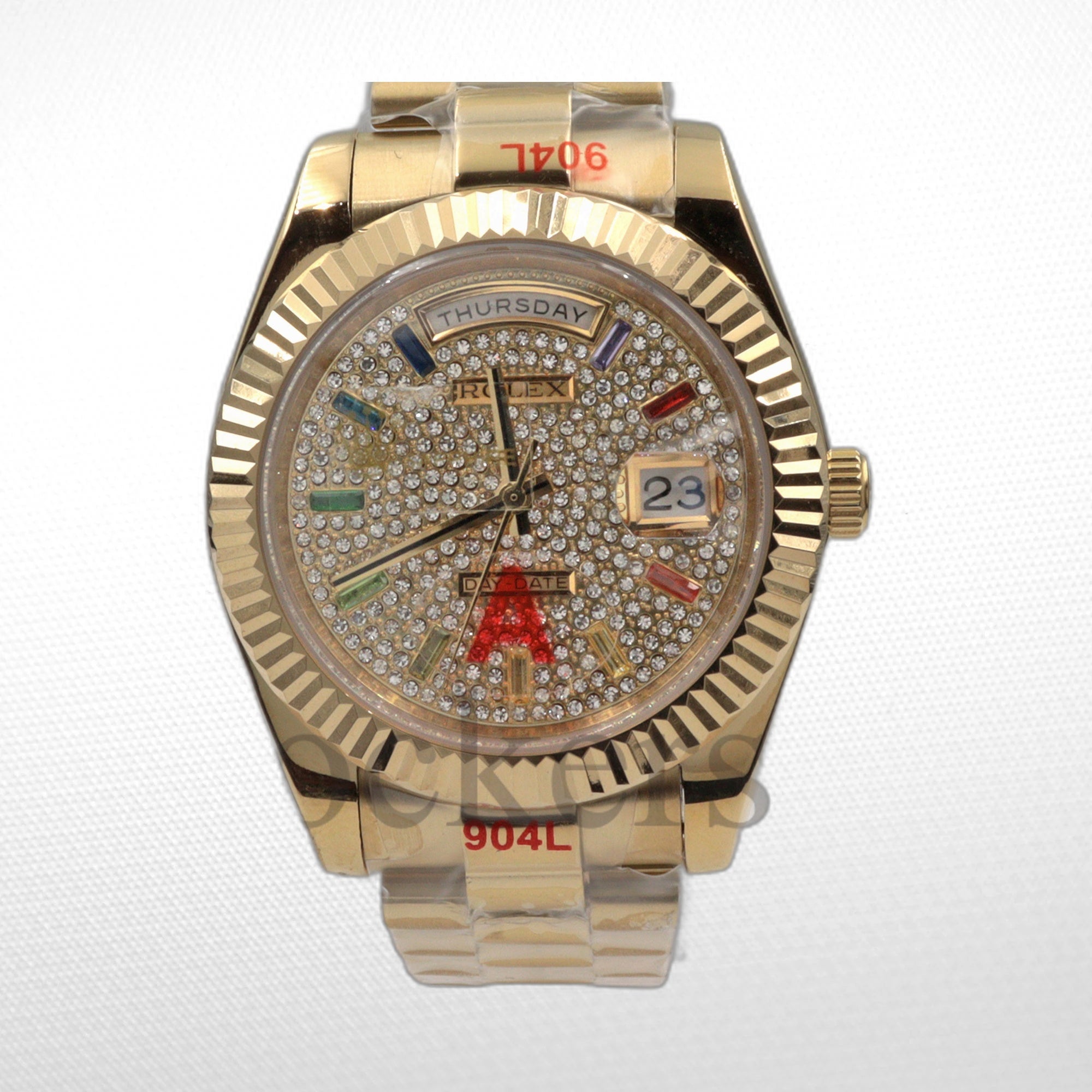 Gold Day Date 40mm Watch Fluted Bezel Diamond Paved Rainbow Sapphire Dial