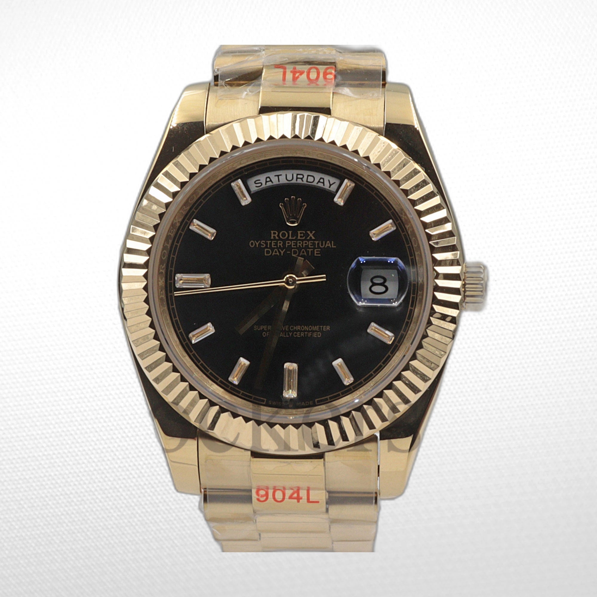 DAY-DATE BLACK DIAL DIAMOND MARKERS FLUTED BEZEL GOLD