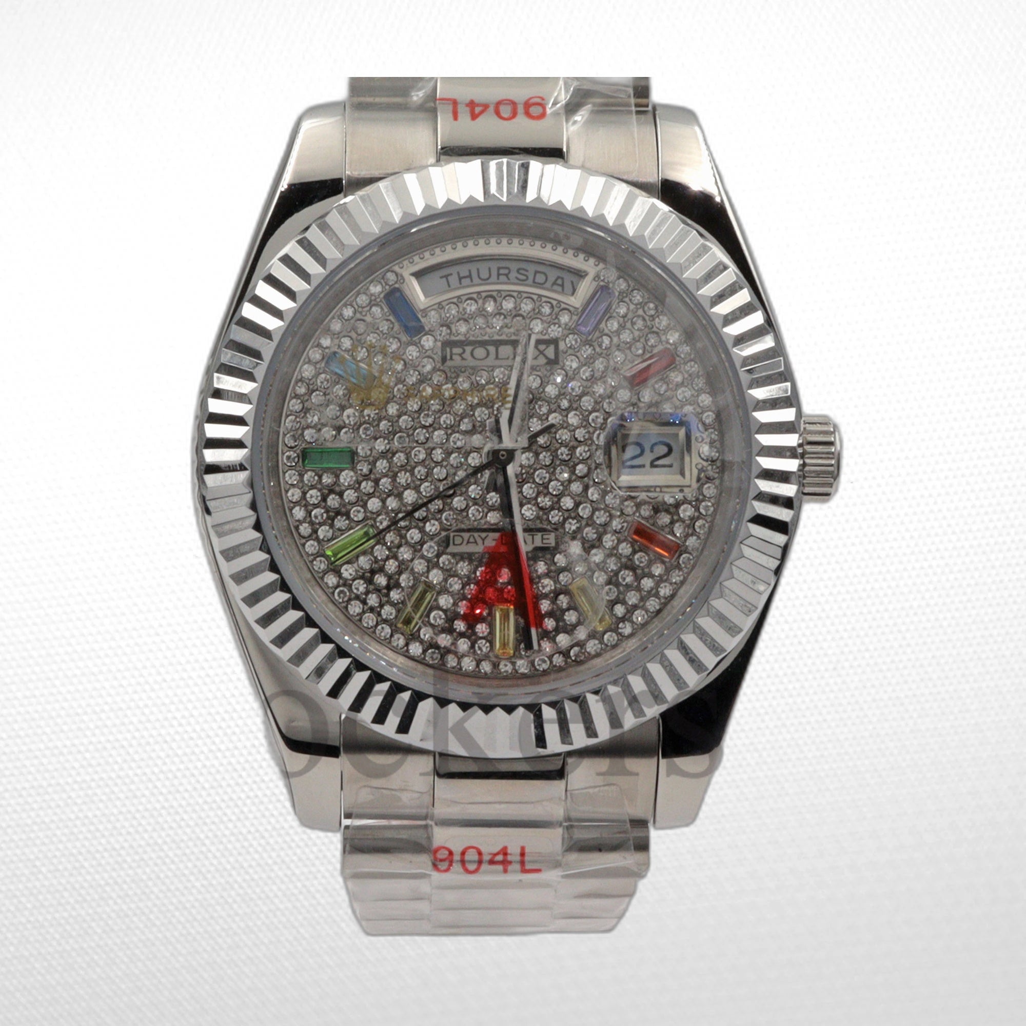 Day Date 40MM Watch Fluted Bezel Diamond Paved Rainbow Sapphire Dial