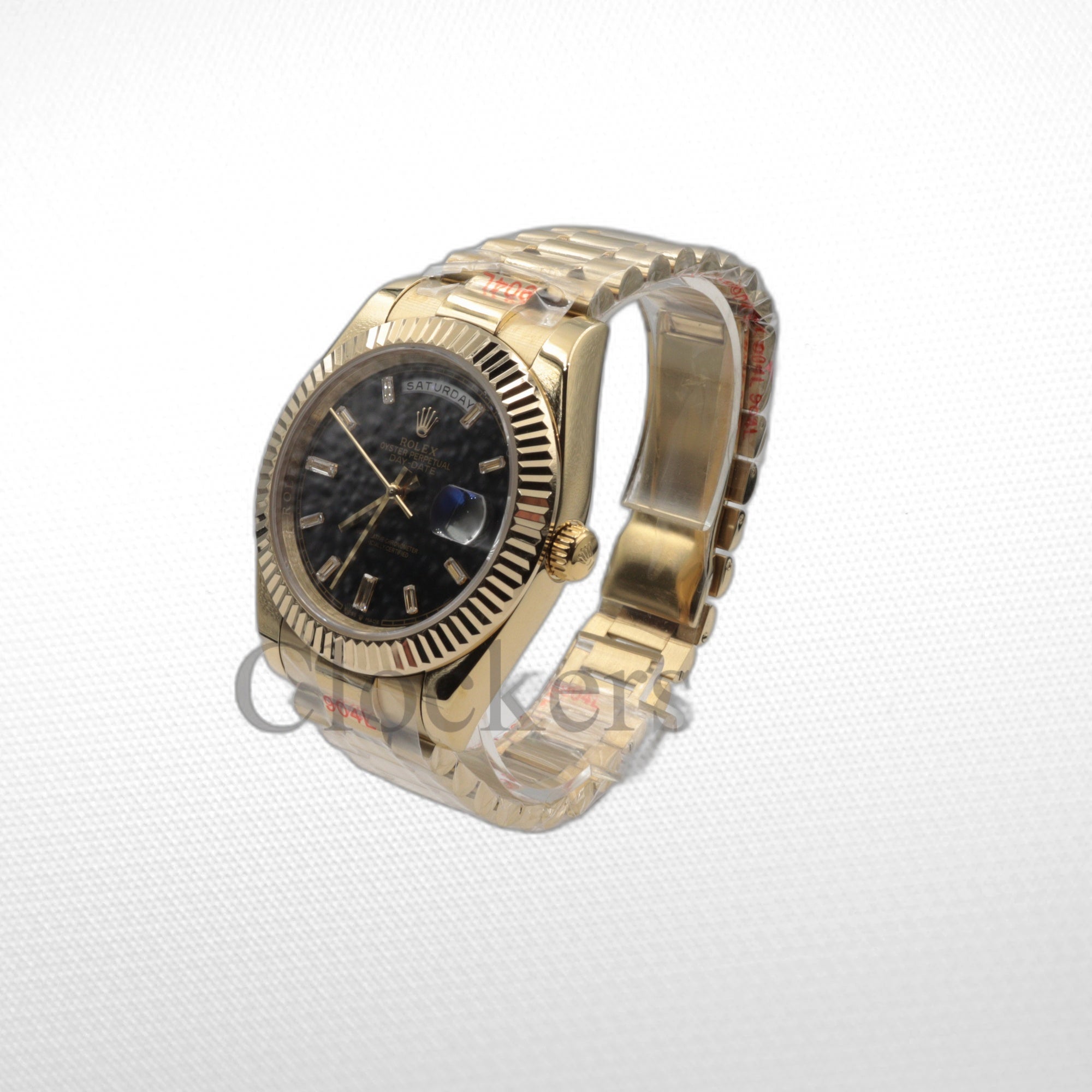 DAY-DATE BLACK DIAL DIAMOND MARKERS FLUTED BEZEL GOLD