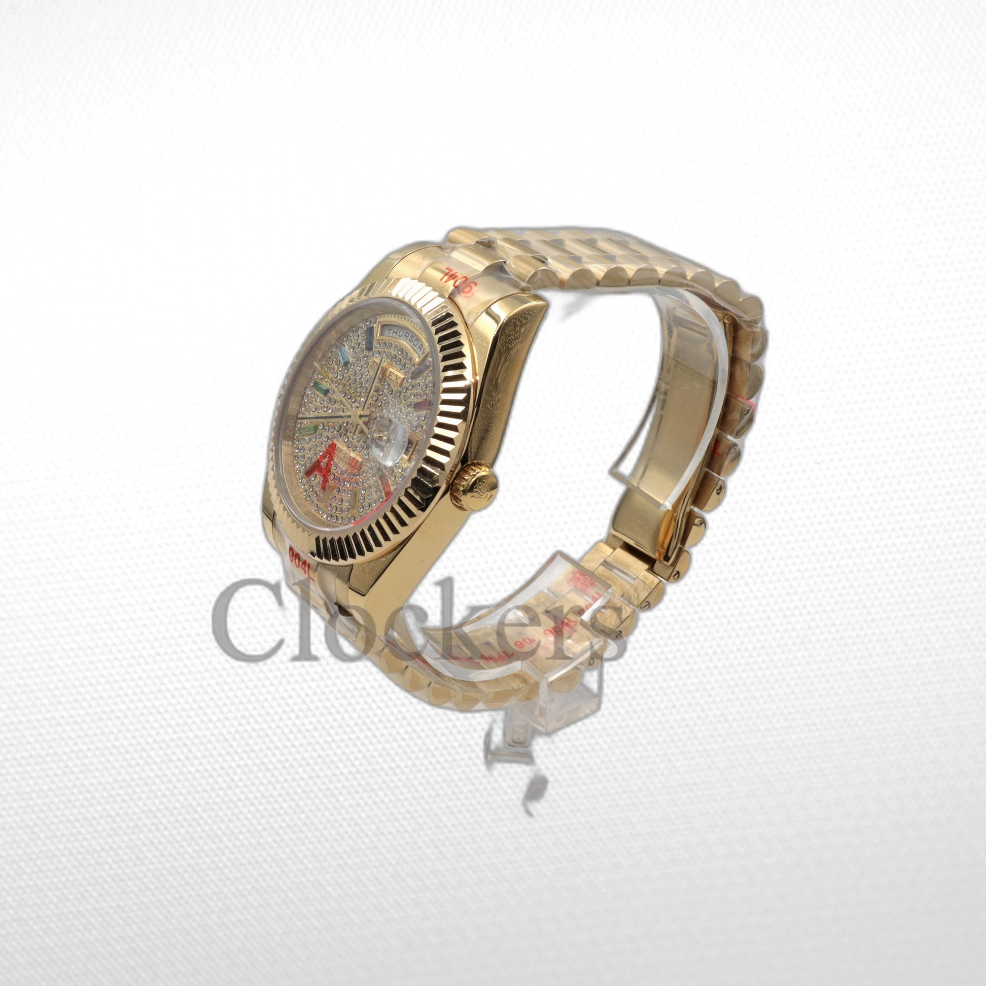 Gold Day Date 40mm Watch Fluted Bezel Diamond Paved Rainbow Sapphire Dial