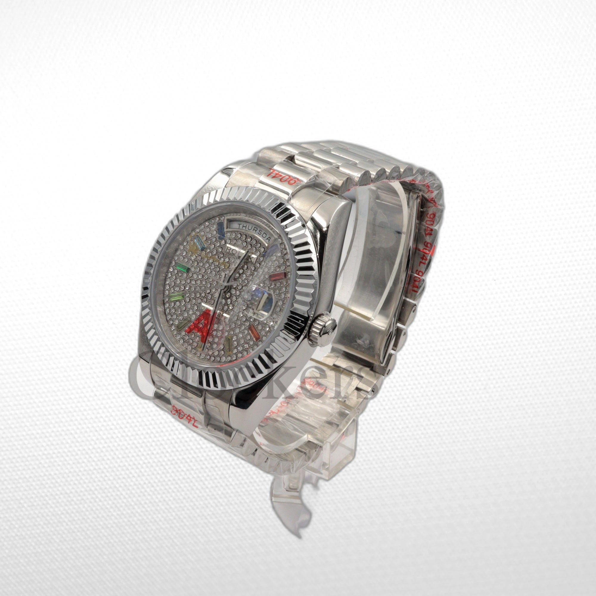 Day Date 40MM Watch Fluted Bezel Diamond Paved Rainbow Sapphire Dial