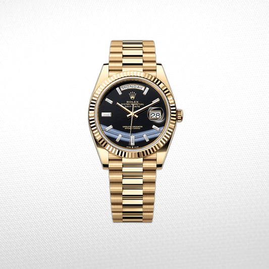 DAY-DATE BLACK DIAL DIAMOND MARKERS FLUTED BEZEL GOLD