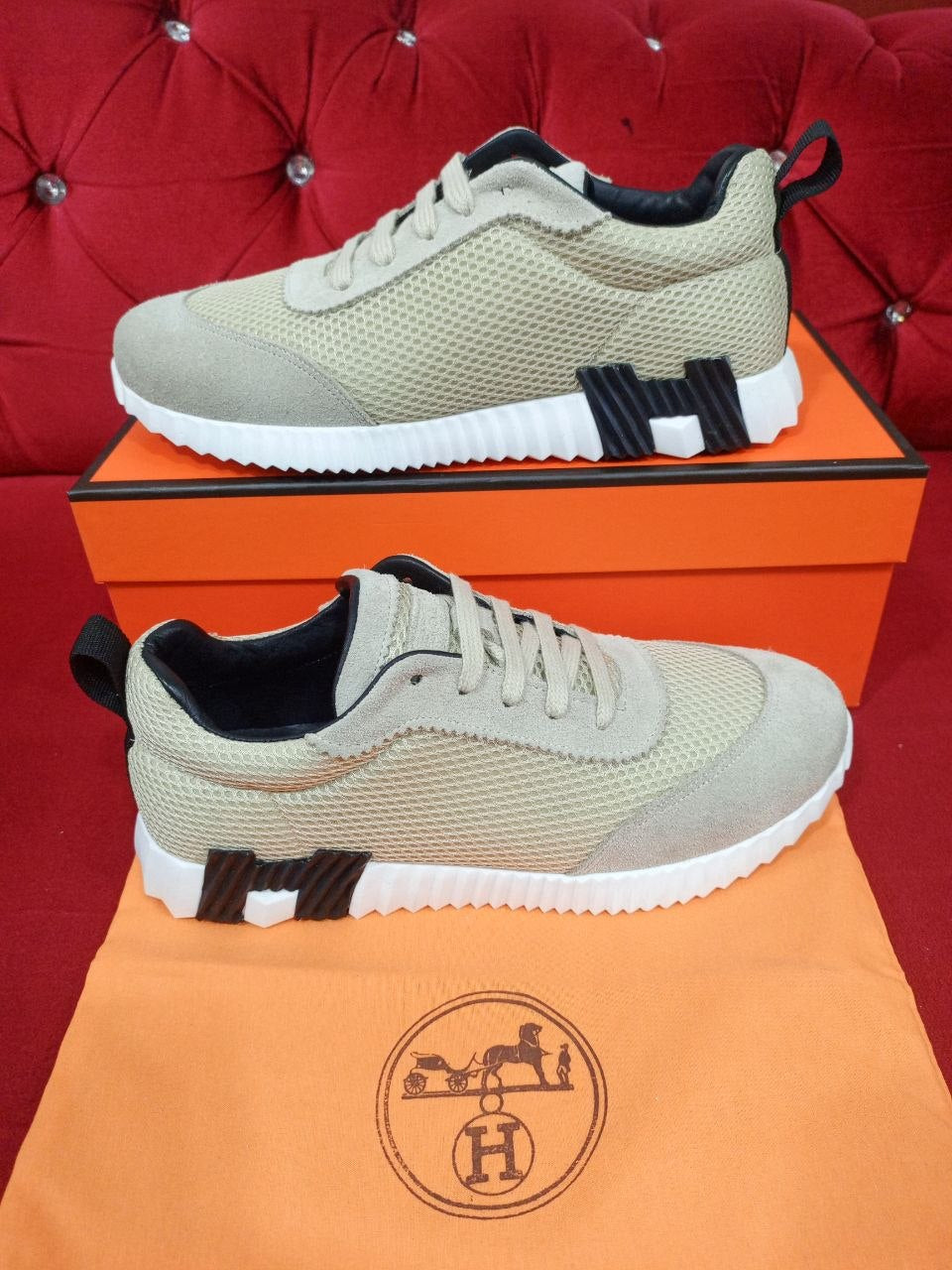 Hermès Bouncing Sneakers Beige Mesh Suede