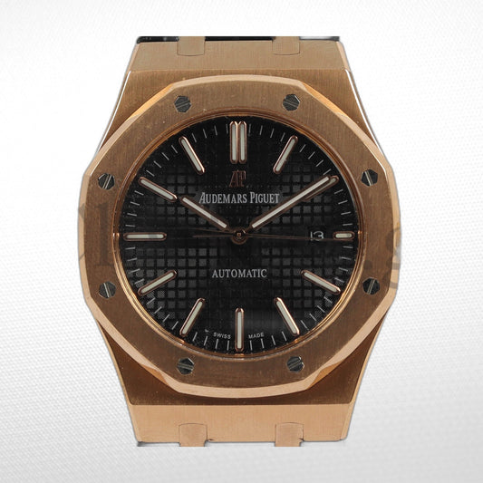 AUDEMARS PIGUET ROYAL OAK ROSE GOLD BLACK LEATHER WATCH - 41MM