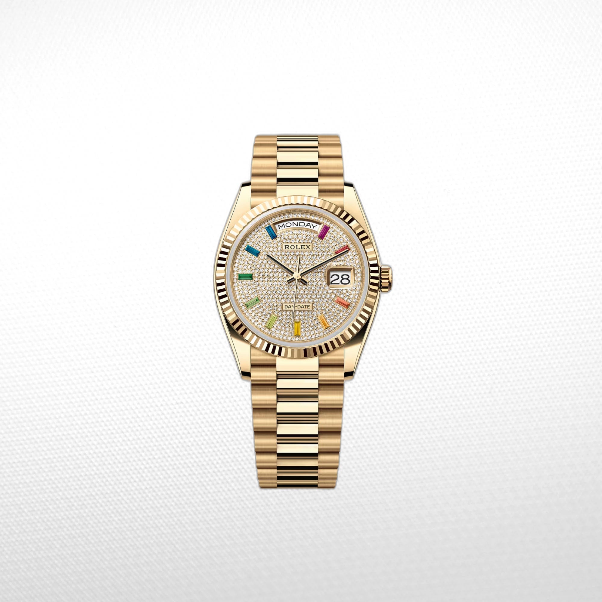 Gold Day Date 40mm Watch Fluted Bezel Diamond Paved Rainbow Sapphire Dial