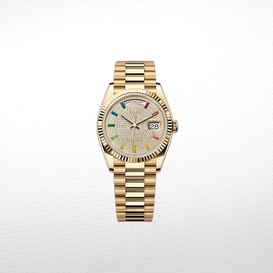 Gold Day Date 40mm Watch Fluted Bezel Diamond Paved Rainbow Sapphire Dial