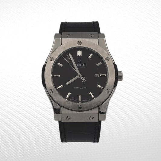 HUBLOT CLASSIC FUSION KING  WATCH - 42 MM - BLACK DIAL - SS BLACK RUBBER AND LEATHER STRAP