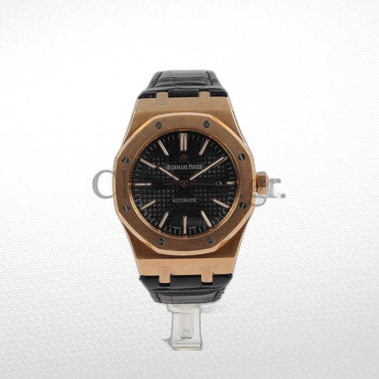 AUDEMARS PIGUET ROYAL OAK ROSE GOLD BLACK LEATHER WATCH - 41MM