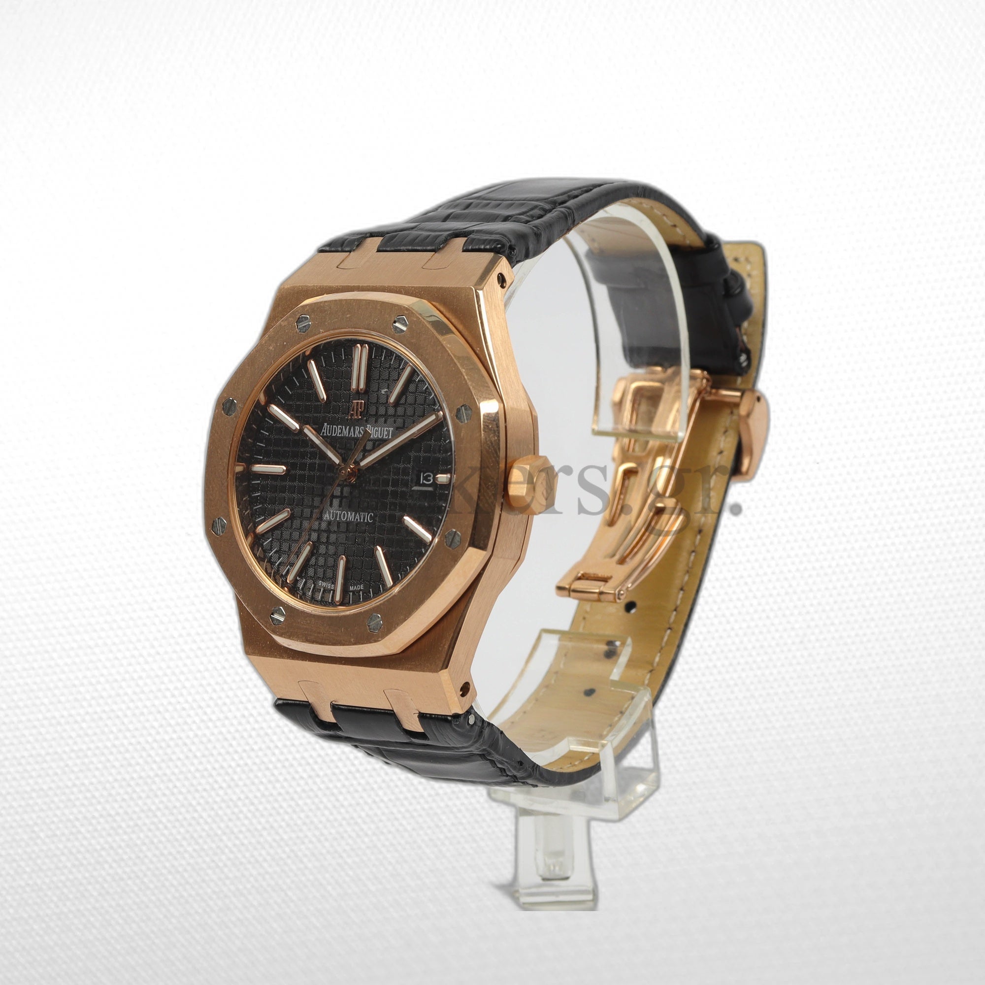 AUDEMARS PIGUET ROYAL OAK ROSE GOLD BLACK LEATHER WATCH - 41MM