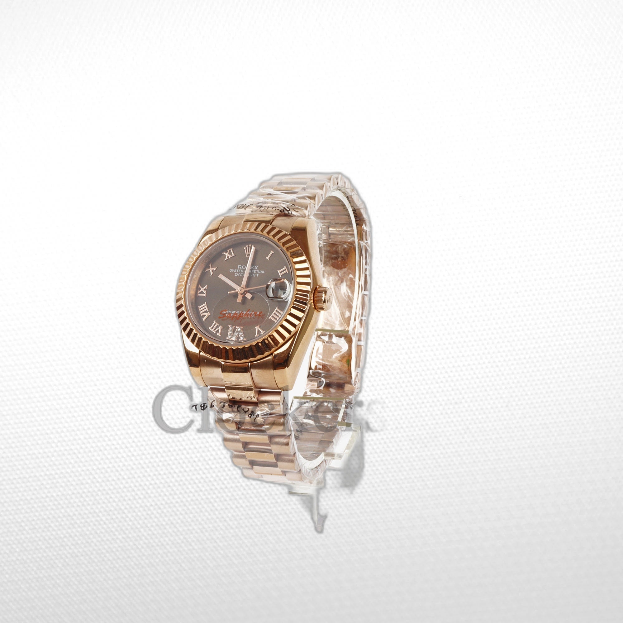 DATEJUST 31MM ROSE GOLD OYSTER BROWN DIAL RHOMAN MARKERS
