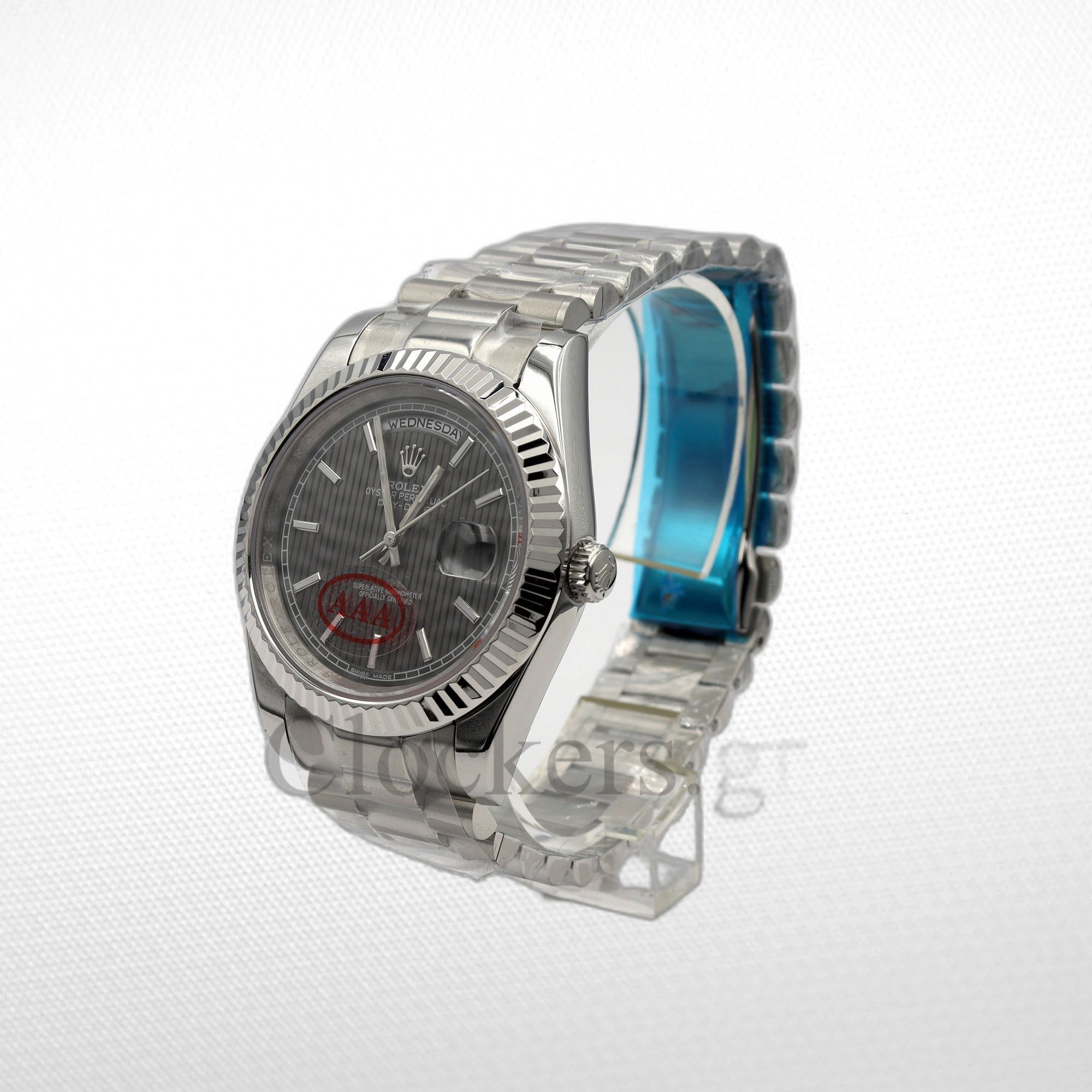 DAY-DATE II 40MM  BEZEL DARK RODHIUM DIAL LINE MOTIF STICK MARKERS