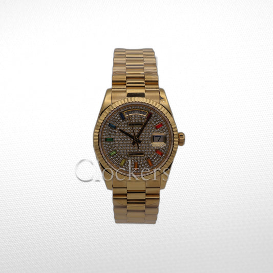 GOLD DAY DATE 36MM WATCH FLUTED BEZEL DIAMOND PAVED RAINBOW SAPPHIRE DIAL