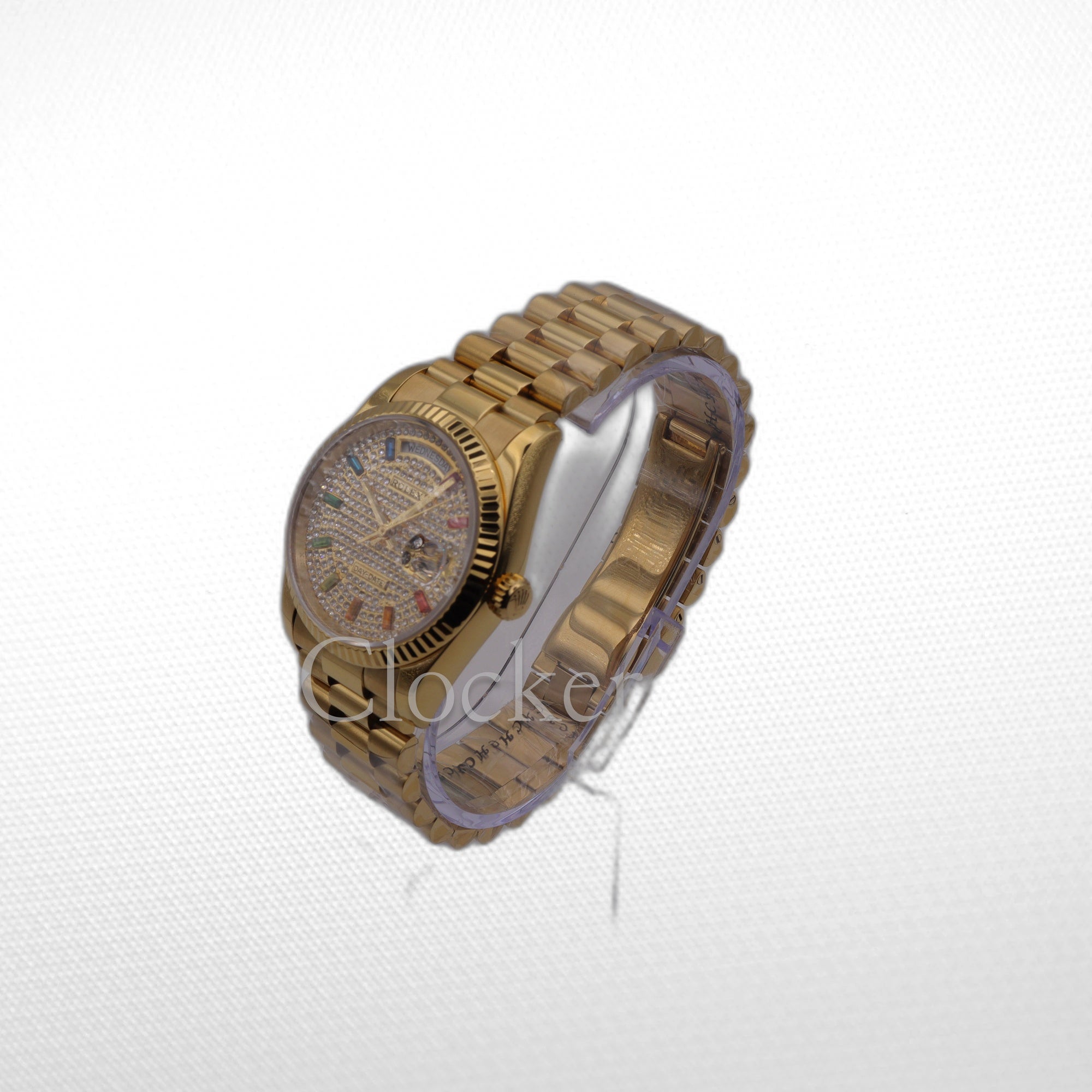 GOLD DAY DATE 36MM WATCH FLUTED BEZEL DIAMOND PAVED RAINBOW SAPPHIRE DIAL