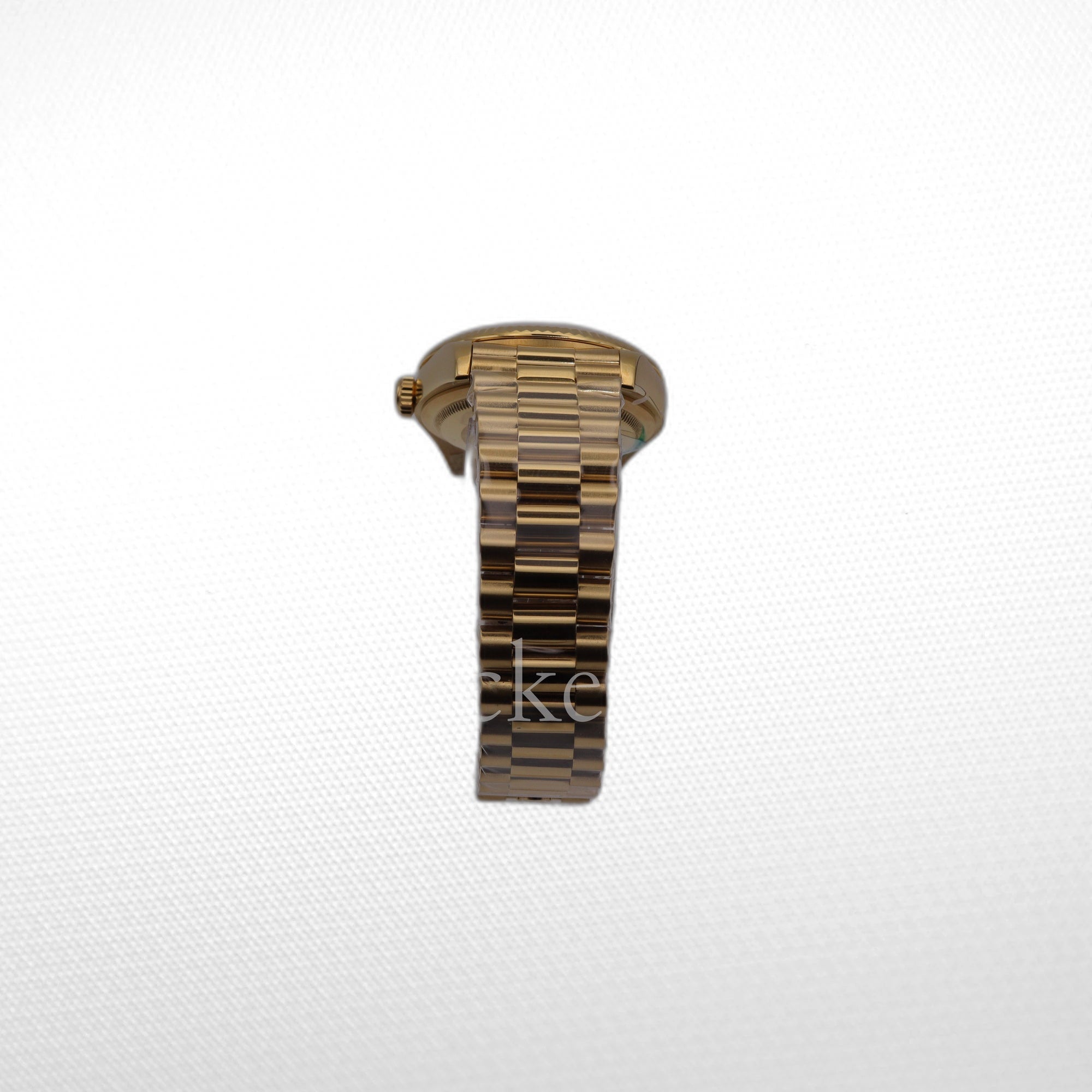 GOLD DAY DATE 36MM WATCH FLUTED BEZEL DIAMOND PAVED RAINBOW SAPPHIRE DIAL