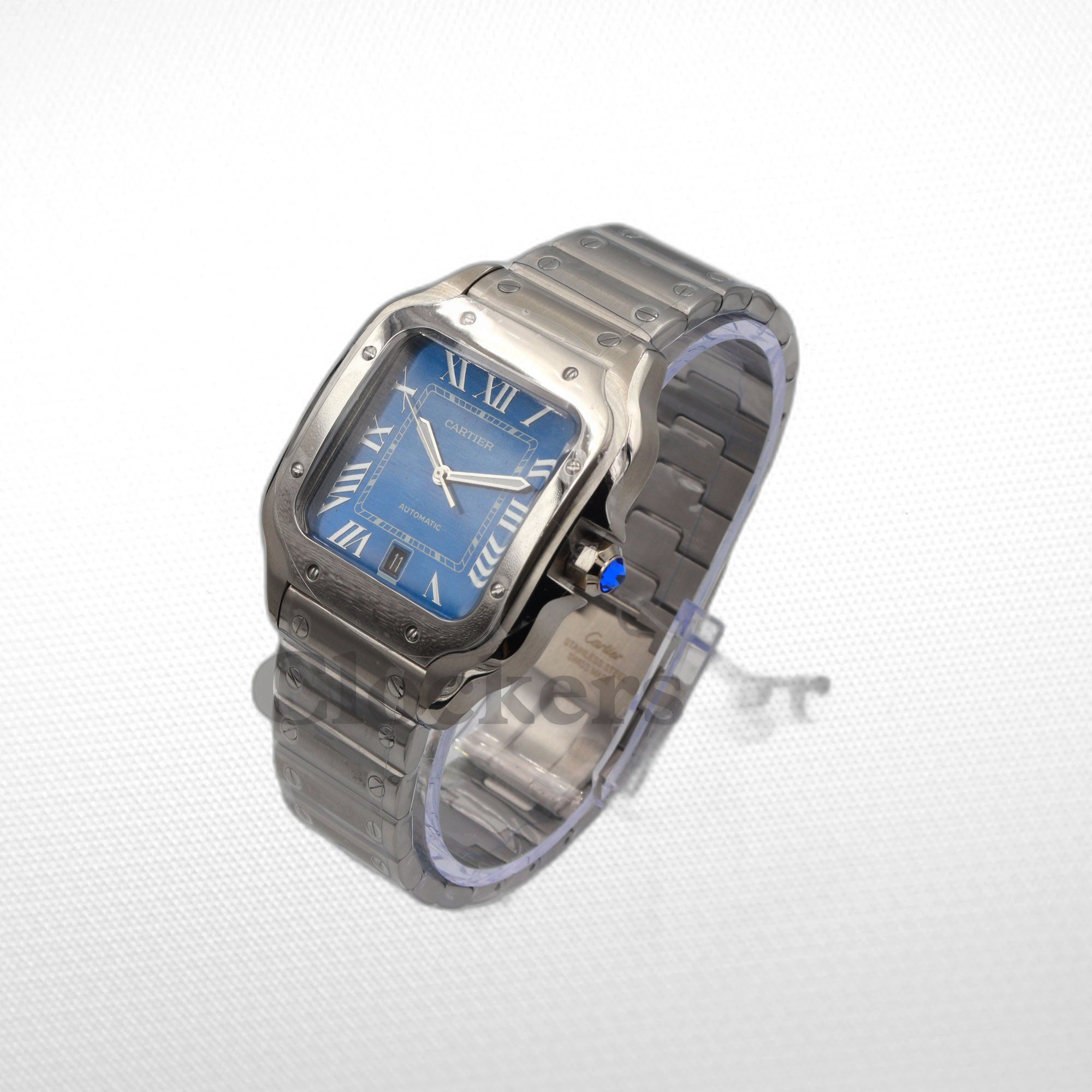 CARTIER SANTOS DE CARTIER LARGE STEEL & ADLC BLUE DIAL MEN'S AUTOMATIC WATCH