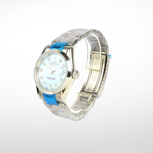 DATEJUST 36MM SS WHITE GOLD OYSTER SKY BLUE DIAL DIAMONDS MARKERS