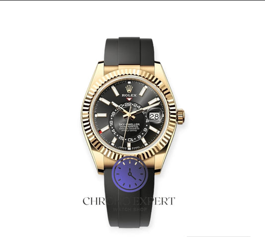 Skydweller gold bezel black dial oyster flex